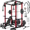 imageC12 Squat Rack for Home Gym 2000LBS Power Rack with Adjustable Pulley System Power Cage Workout Equipment with LAT Pulldown and Training AttachmentRed