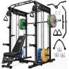 imageM21 Smith Machine MultiFunction Power Cage with Dual Pulley Cable Crossover System 2000LBS AllinOne Squat Rack with Smith Bar and AttachmentsBlack