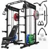 imageM21 Smith Machine MultiFunction Power Cage with Dual Pulley Cable Crossover System 2000LBS AllinOne Squat Rack with Smith Bar and AttachmentsBlack