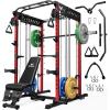 imageM21 Smith Machine MultiFunction Power Cage with Dual Pulley Cable Crossover System 2000LBS AllinOne Squat Rack with Smith Bar and AttachmentsRed