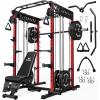 imageM21 Smith Machine MultiFunction Power Cage with Dual Pulley Cable Crossover System 2000LBS AllinOne Squat Rack with Smith Bar and AttachmentsRed