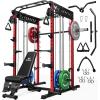imageM21 Smith Machine MultiFunction Power Cage with Dual Pulley Cable Crossover System 2000LBS AllinOne Squat Rack with Smith Bar and AttachmentsRed