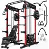 imageM21 Smith Machine MultiFunction Power Cage with Dual Pulley Cable Crossover System 2000LBS AllinOne Squat Rack with Smith Bar and AttachmentsRed