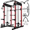 imageM21 Smith Machine MultiFunction Power Cage with Dual Pulley Cable Crossover System 2000LBS AllinOne Squat Rack with Smith Bar and AttachmentsRed
