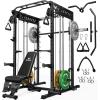 imageM21 Smith Machine MultiFunction Power Cage with Dual Pulley Cable Crossover System 2000LBS AllinOne Squat Rack with Smith Bar and AttachmentsBlack