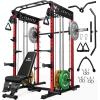 imageM21 Smith Machine MultiFunction Power Cage with Dual Pulley Cable Crossover System 2000LBS AllinOne Squat Rack with Smith Bar and AttachmentsRed