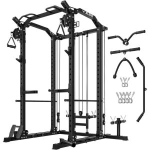 imageC11 MultiFunction Power Rack 2000 lbs Power Cage with Adjustable Cable Crossover System and More Training Attachment AllinOne Squat Rack with Dual Pulley SystemBlack