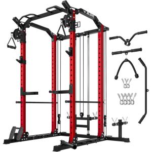 imageC11 MultiFunction Power Rack 2000 lbs Power Cage with Adjustable Cable Crossover System and More Training Attachment AllinOne Squat Rack with Dual Pulley SystemRed