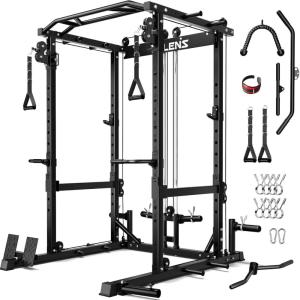 imageC12 Squat Rack for Home Gym 2000LBS Power Rack with Adjustable Pulley System Power Cage Workout Equipment with LAT Pulldown and Training AttachmentBlack