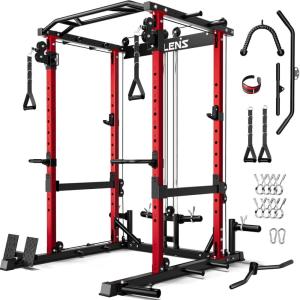 imageC12 Squat Rack for Home Gym 2000LBS Power Rack with Adjustable Pulley System Power Cage Workout Equipment with LAT Pulldown and Training AttachmentRed