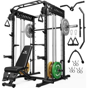 imageM21 Smith Machine MultiFunction Power Cage with Dual Pulley Cable Crossover System 2000LBS AllinOne Squat Rack with Smith Bar and AttachmentsBlack