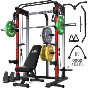 imagePower Cage 2000LBS MultiFunction C21 Power Rack with Dual Pulley Cable Crossover System AllinOne Squat Rack with More Training Attachments Cable Machine for Home GymRed