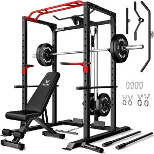imagePower Cage 2000LBS MultiFunction S11 Power Rack with LAT Pulldown Squat Rack with Adjustable Pulley System and More Training Attachments Weight Workout Machine for Home Gym140LB Black Weights Package