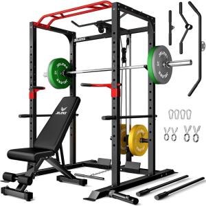 imagePower Cage 2000LBS MultiFunction S11 Power Rack with LAT Pulldown Squat Rack with Adjustable Pulley System and More Training Attachments Weight Workout Machine for Home Gym140LB Colored Weights Package