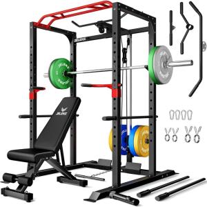 imagePower Cage 2000LBS MultiFunction S11 Power Rack with LAT Pulldown Squat Rack with Adjustable Pulley System and More Training Attachments Weight Workout Machine for Home Gym230LB Colored Weights Package