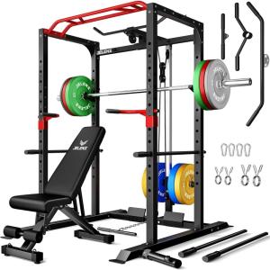 imagePower Cage 2000LBS MultiFunction S11 Power Rack with LAT Pulldown Squat Rack with Adjustable Pulley System and More Training Attachments Weight Workout Machine for Home Gym260LB Colored Weights Package