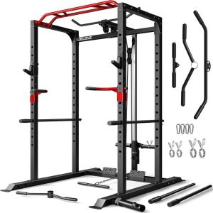 imagePower Cage 2000LBS MultiFunction S11 Power Rack with LAT Pulldown Squat Rack with Adjustable Pulley System and More Training Attachments Weight Workout Machine for Home GymS11 Power Cage