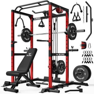 imageS21 Power Cage MultiFunction Power Rack with Adjustable Cable Crossover System 2000LBS Squat Rack for Home Gym with More Training AttachmentsRed
