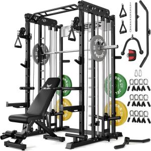 imageSmith Machine for Home Gym MultiFunction M12 Power Cage with Cable Crossover System Squat Rack with Smith Bar and More AttachmentBlack