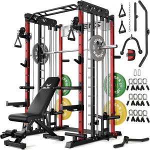 imageSmith Machine for Home Gym MultiFunction M12 Power Cage with Cable Crossover System Squat Rack with Smith Bar and More AttachmentRed